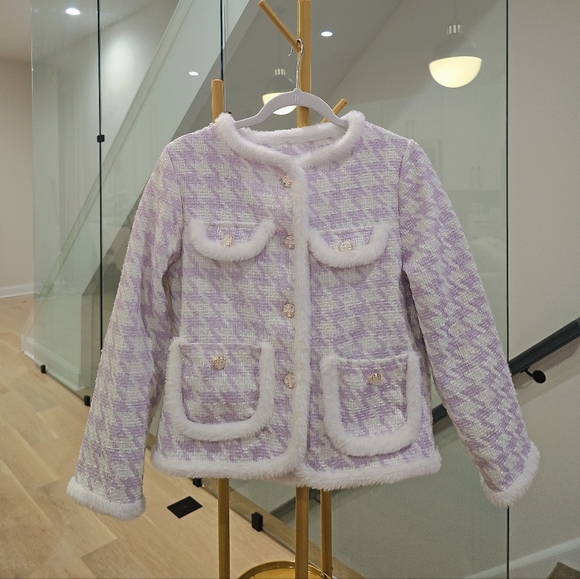 Sweaters - Tweed Blazer White Lilac Faux-Fur Trim Jacket